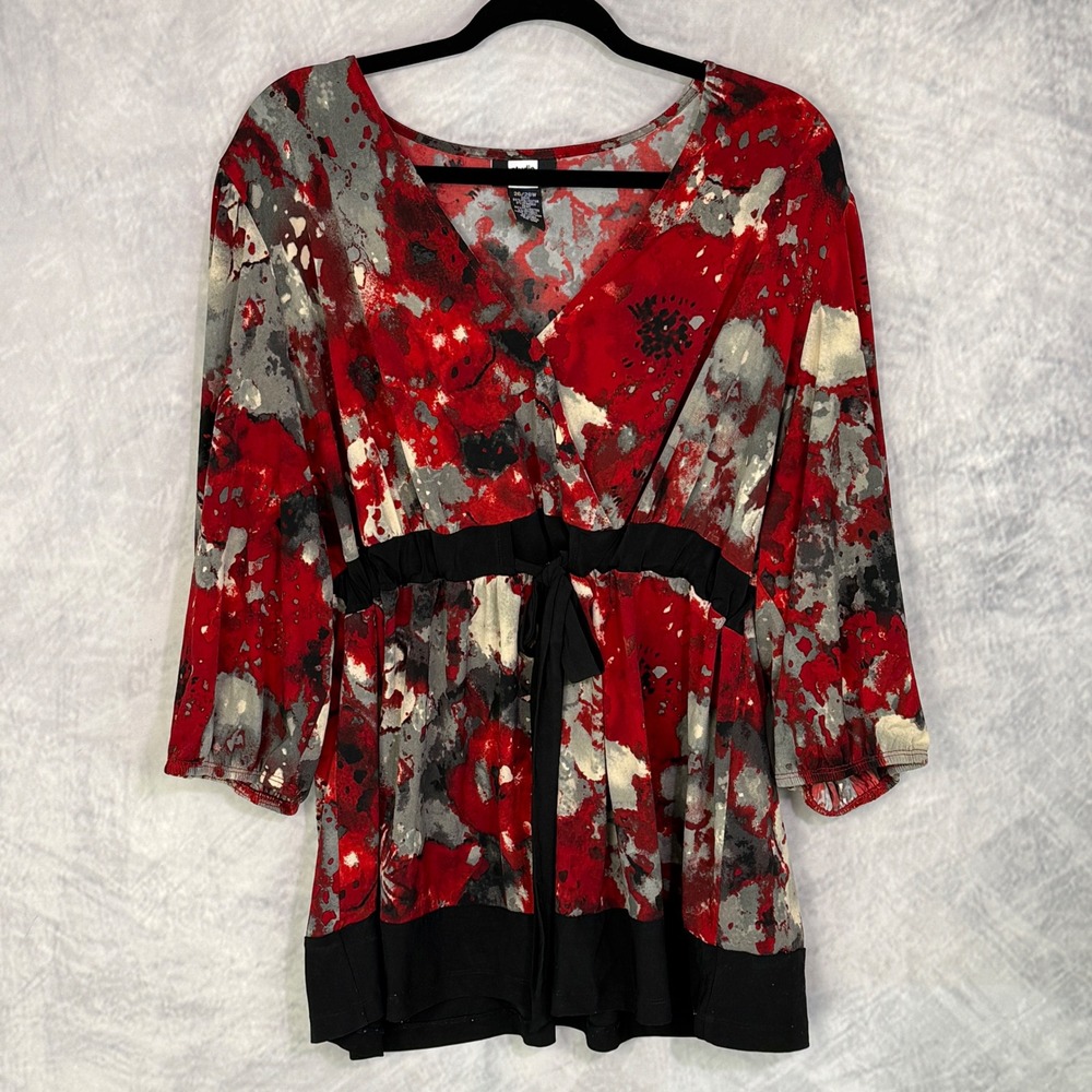 Y2k V-Neck Red Abstract Tunic babydoll Top Womens sz 26/28W whimsigoth tie front